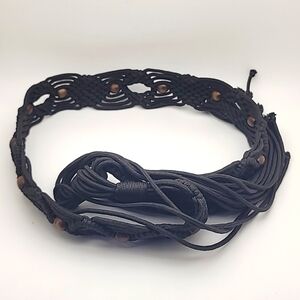 66" / XL Weave Women's Belt with Brown Wooden Beads Fringe Tie